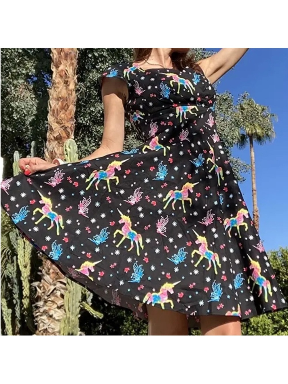 Pukavt Rainbow Unicorn Fairy Rockabilly Skater Retro Swing Dress Pockets 3XL